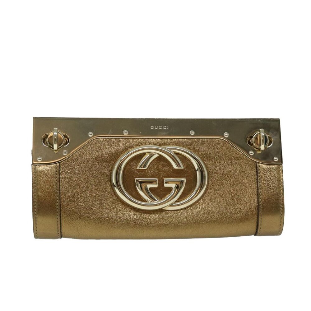 GUCCI Interlocking Clutch Bag Leather Gold - Picture 12 of 16